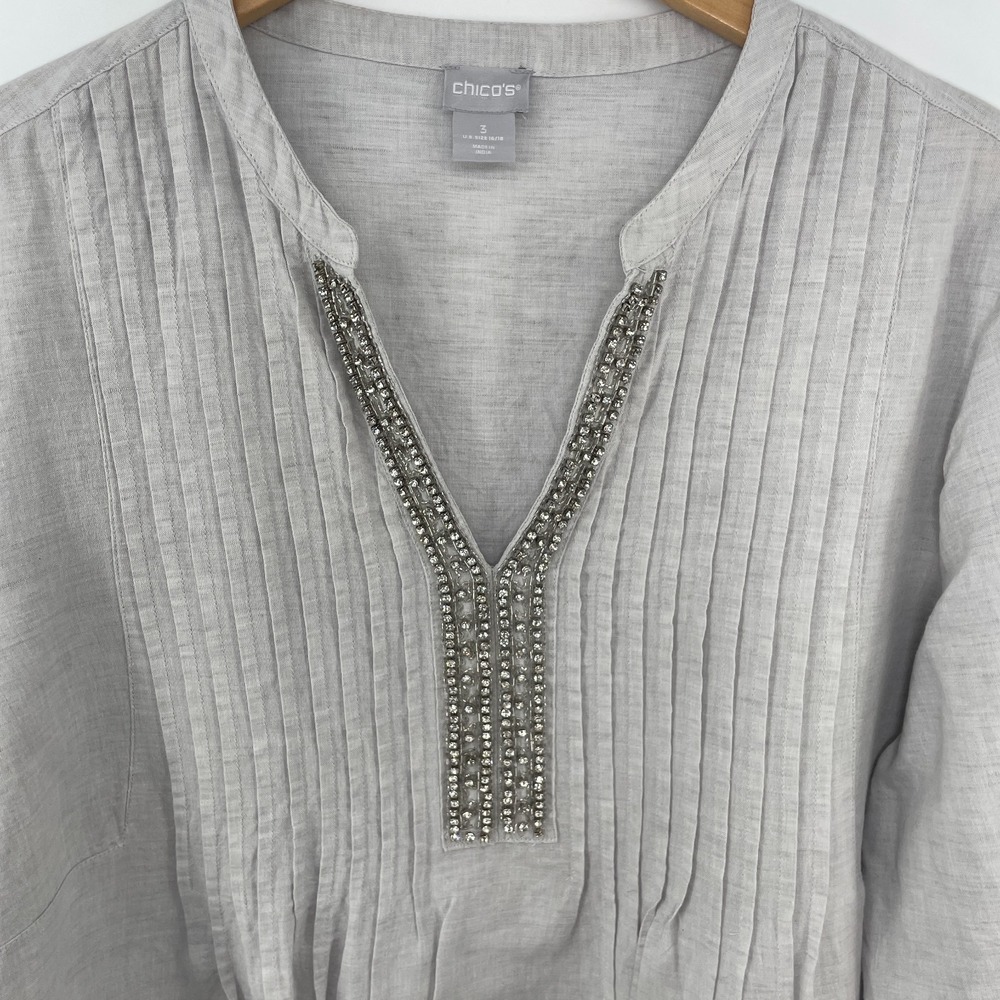 Chicos 3 Tunic Top Women XL Linen Bld Embellished Gray Coastal Chic Quiet Luxury - Picture 6 of 7